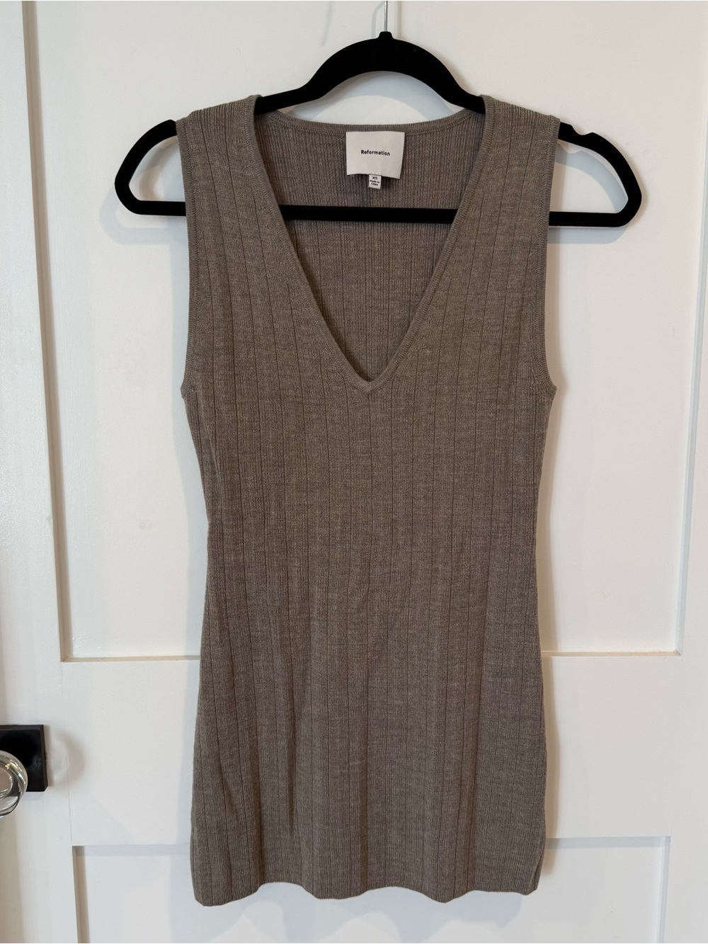 Reformation Taupe Ribbed V-Neck Knit Tunic  Top